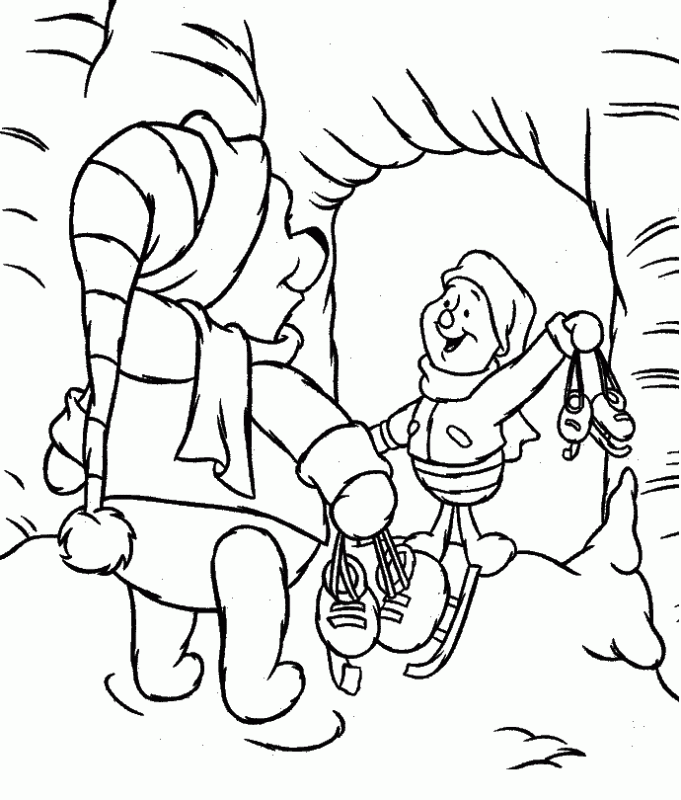 Kubuś Puchatek i Prosiaczek wybierają się na łyżwy - Kolorowanka zimowa kolorowanka do druku